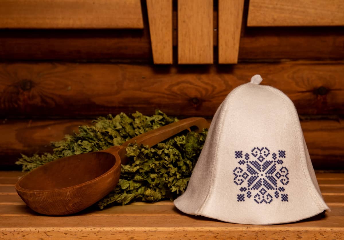 Sauna hat with embroidery "Ornament blue"