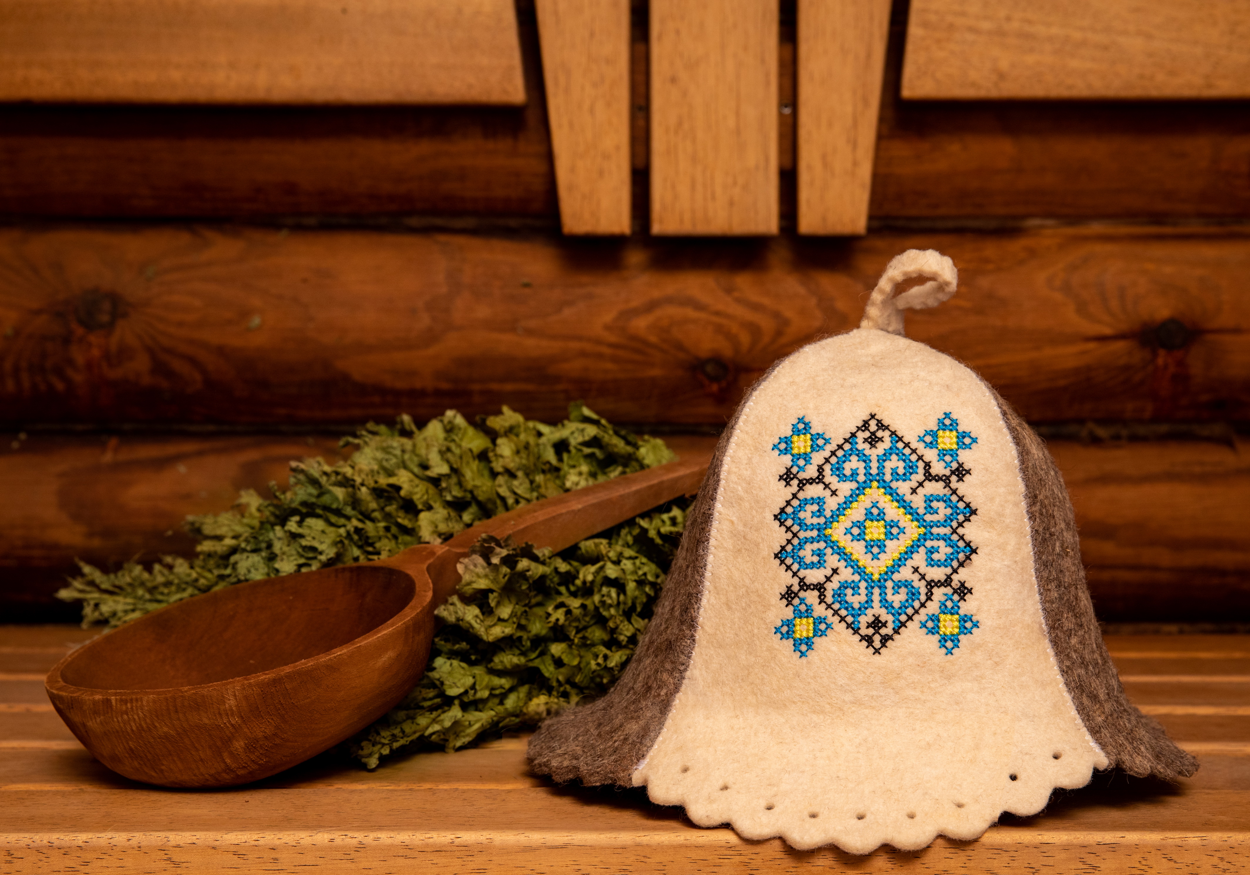 Sauna hat "Ornament blue, embroidery"